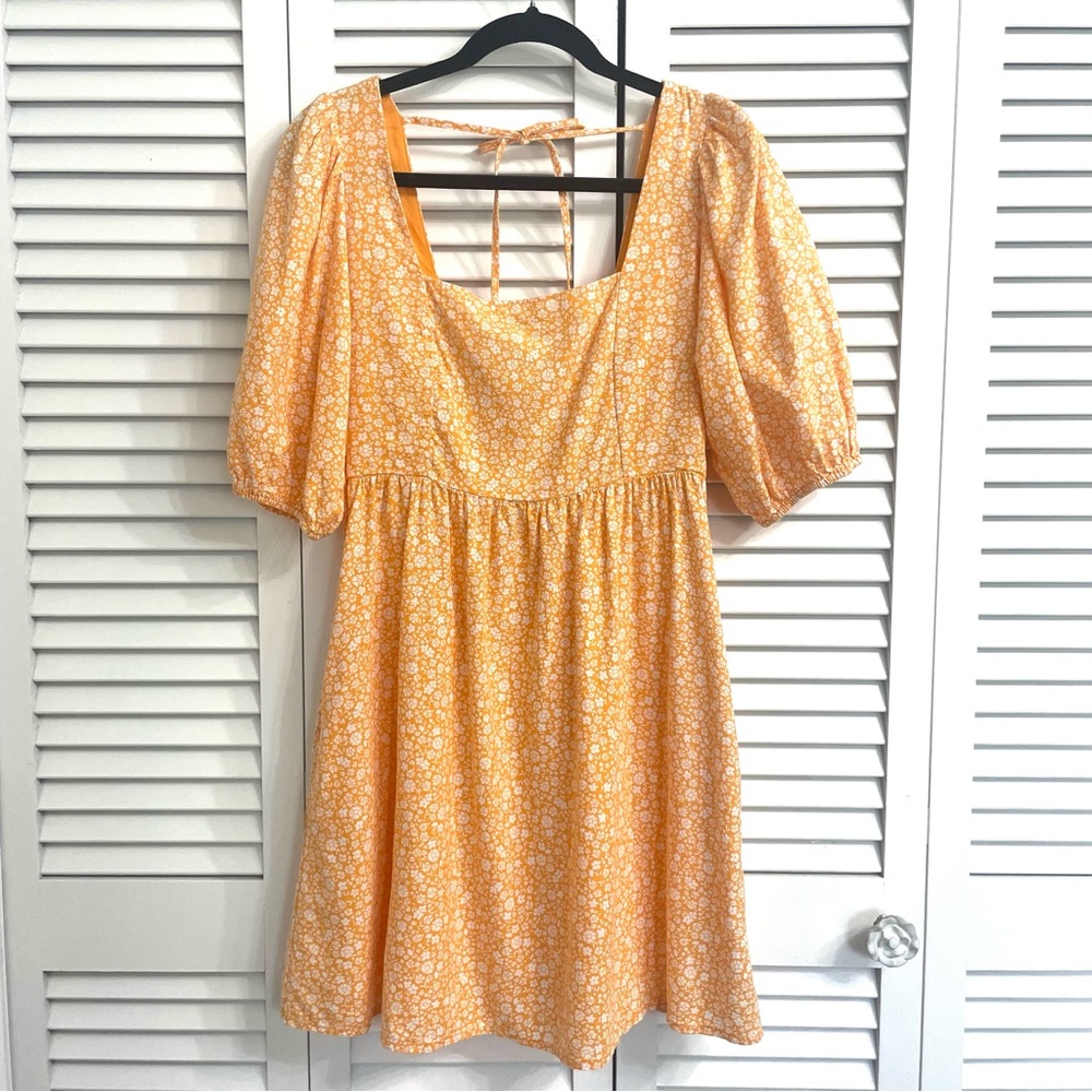 GAP Orange White Floral Linen Blend Puff Sleeve Smocked Back Prairie Sundress S
